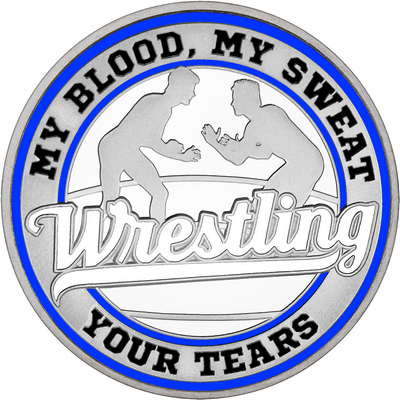 White "Wrestling" with Royal Blue Outer Circular Borders